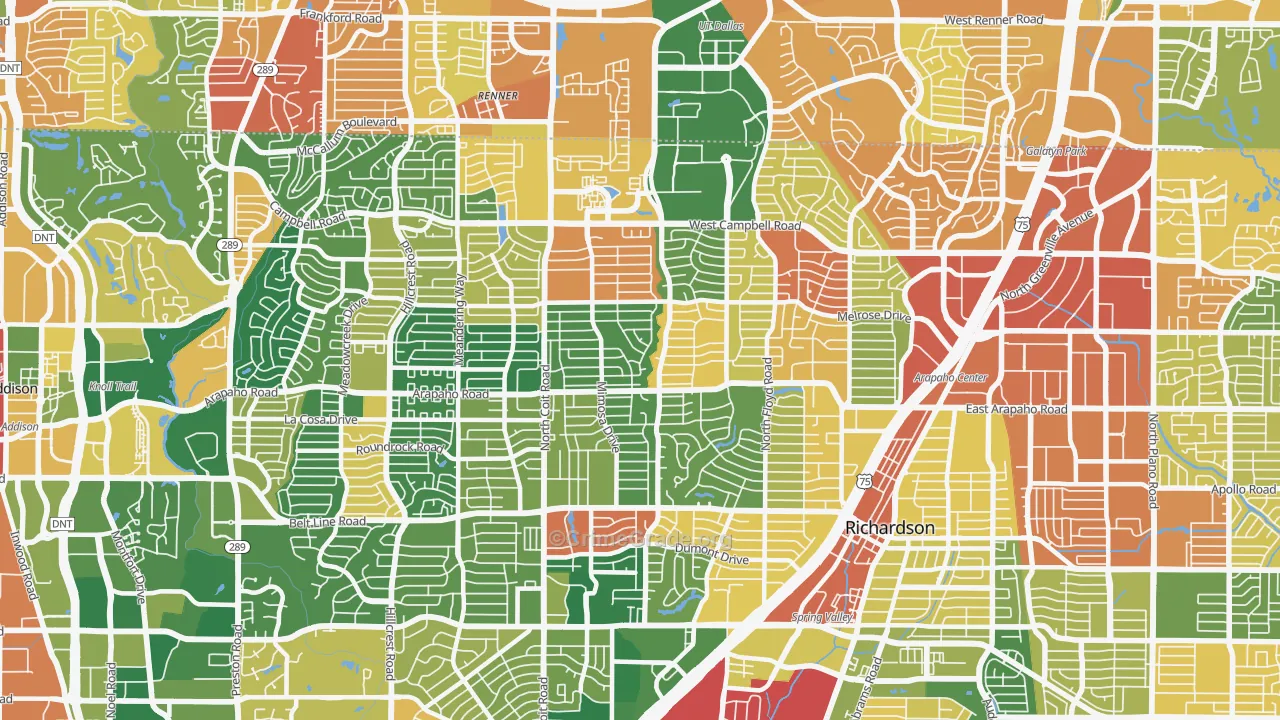 Far North Dallas-Richardson, Richardson, TX Map of Burglary Rates