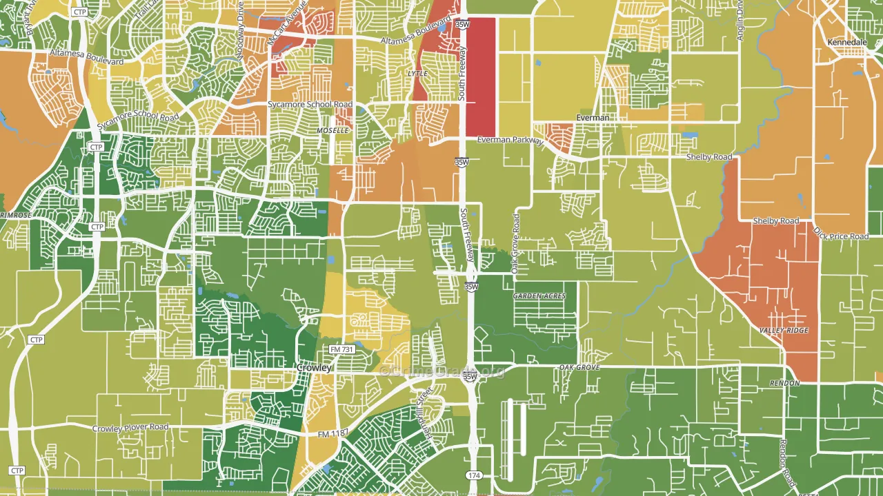Far South, Fort Worth, TX Map of Burglary Rates