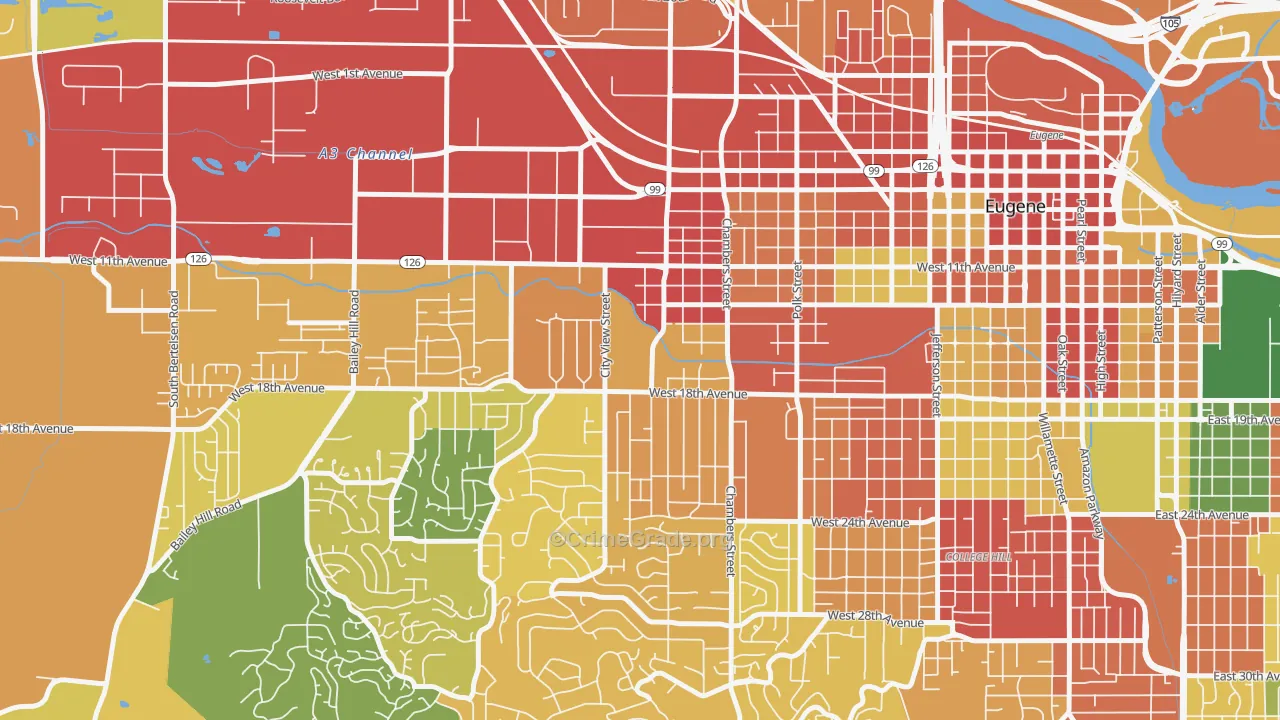 Far West Eugene, Eugene, OR Map of Burglary Rates