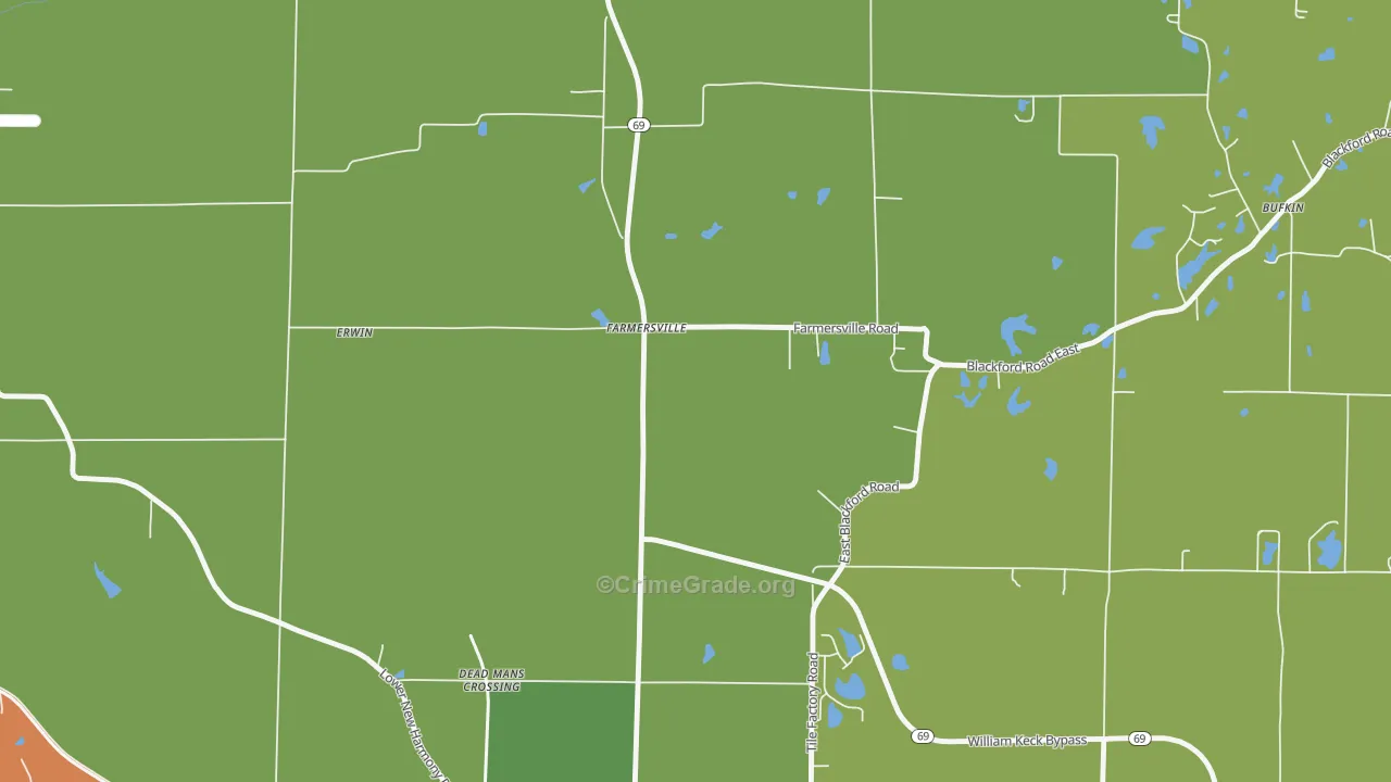 Farmersville, IN Map of Burglary Rates