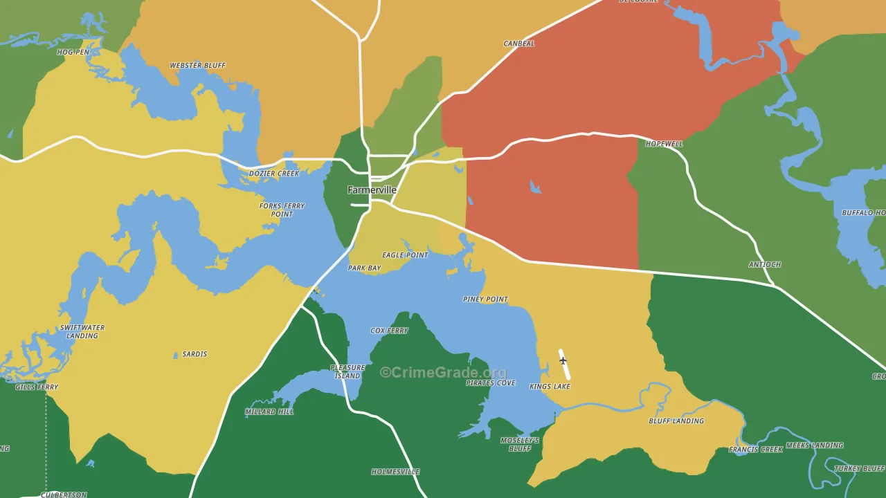 Farmerville, LA Map of Burglary Rates