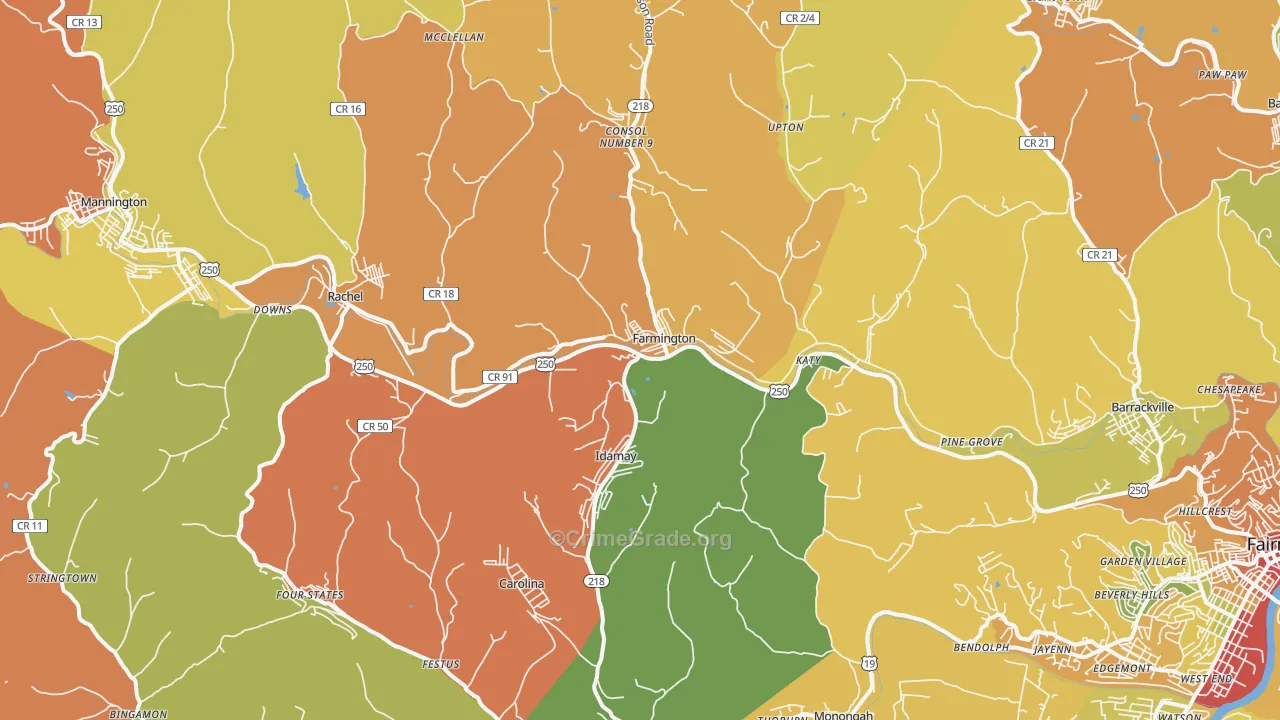 Farmington, WV Map of Burglary Rates