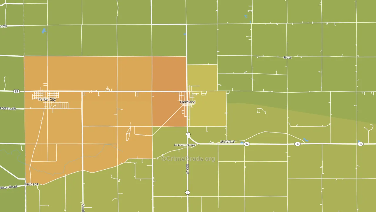 Farmland, IN Map of Burglary Rates