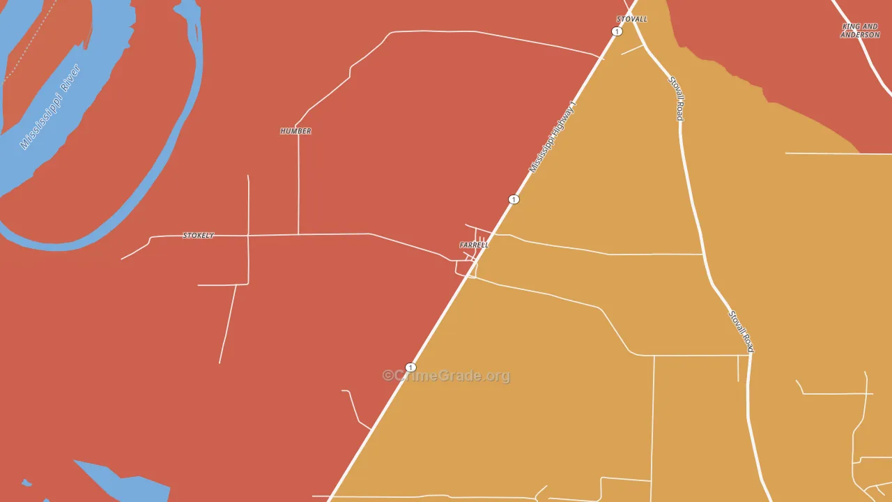 Farrell, MS Map of Burglary Rates