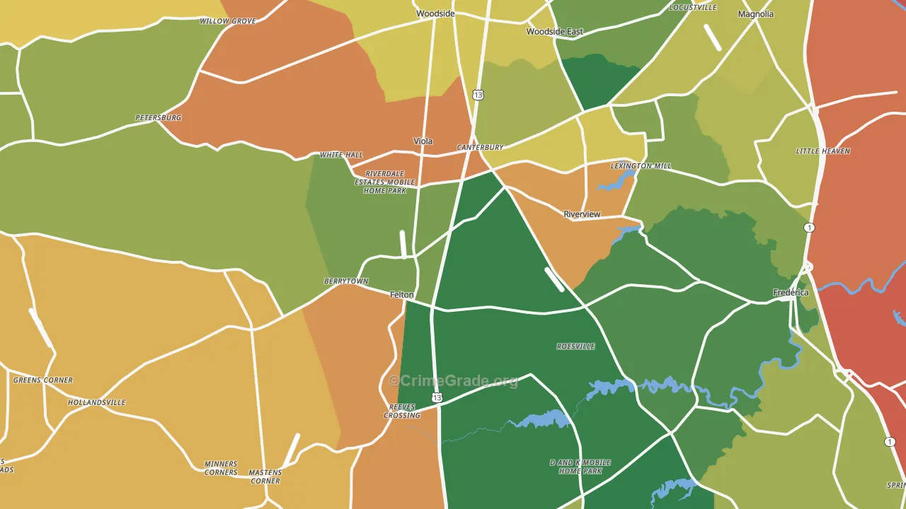 Felton, DE Map of Burglary Rates