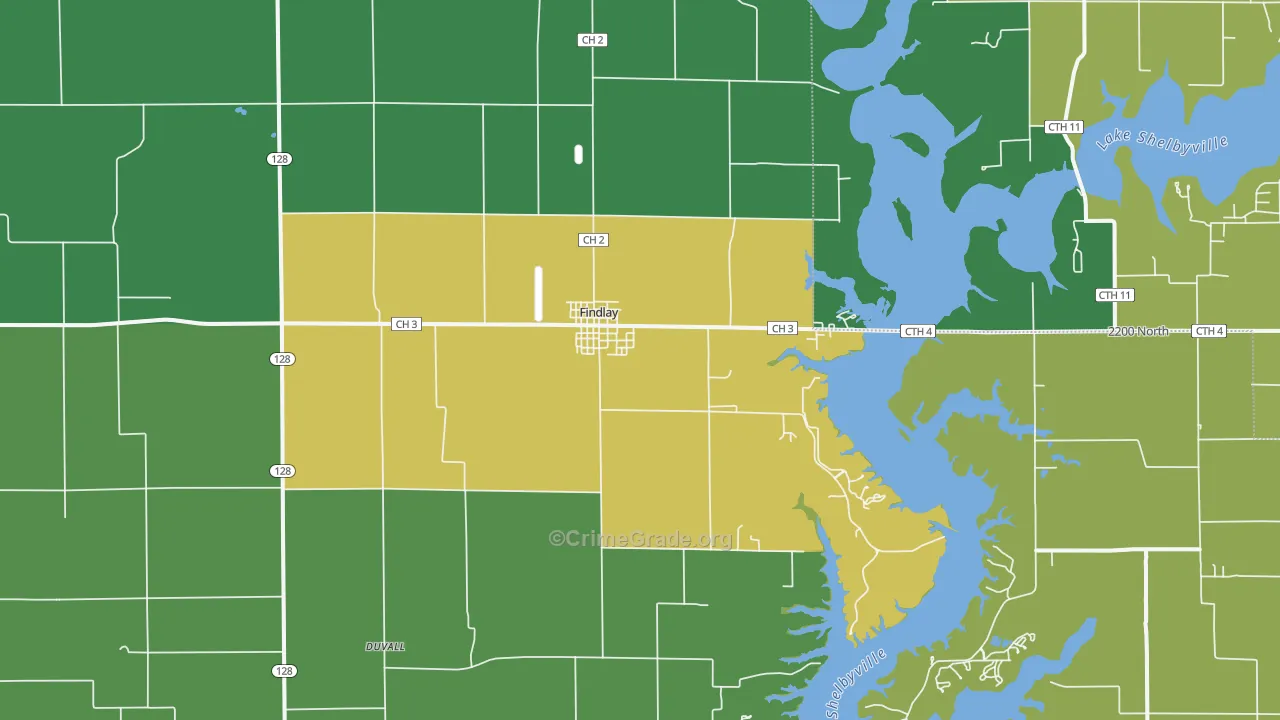 Findlay, IL Map of Burglary Rates