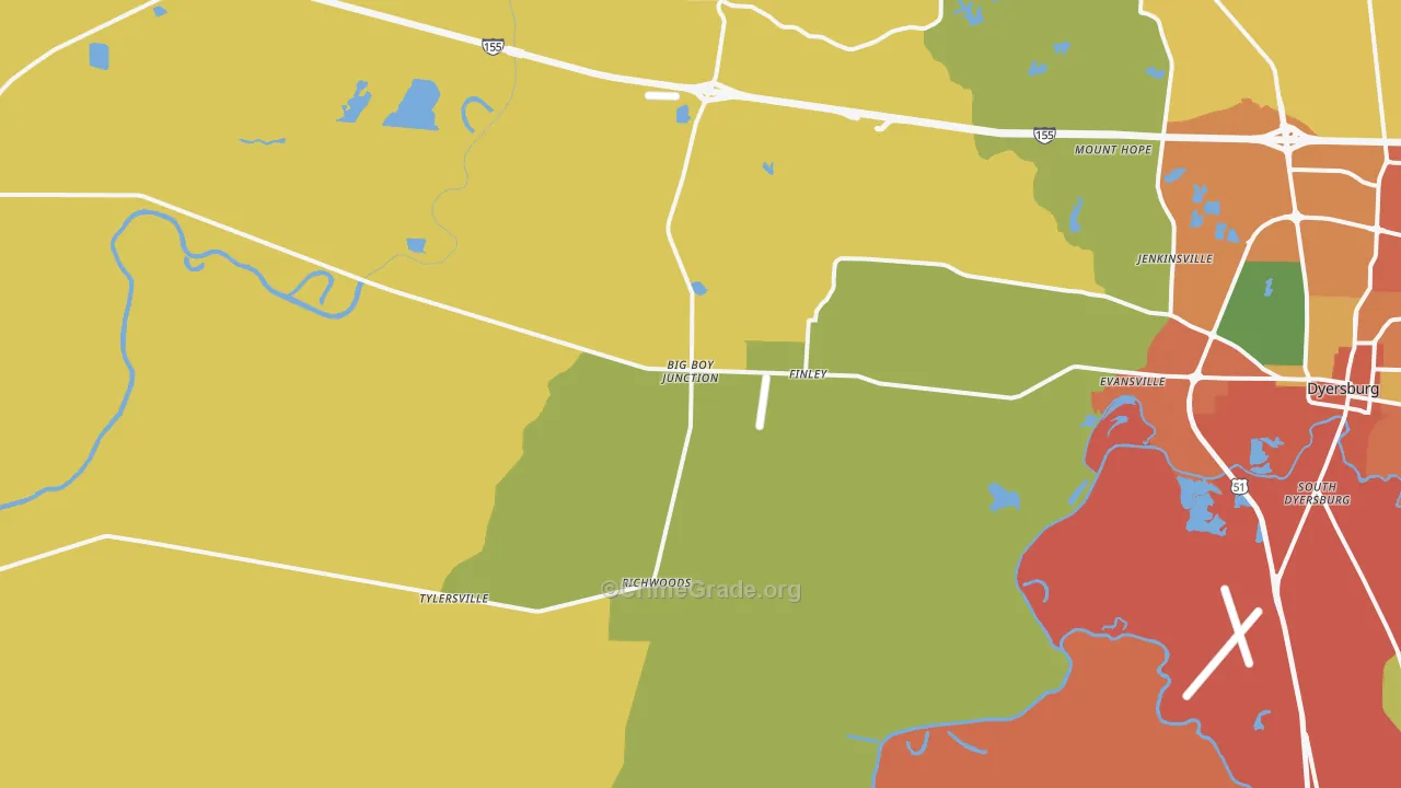 Finley, TN Map of Burglary Rates