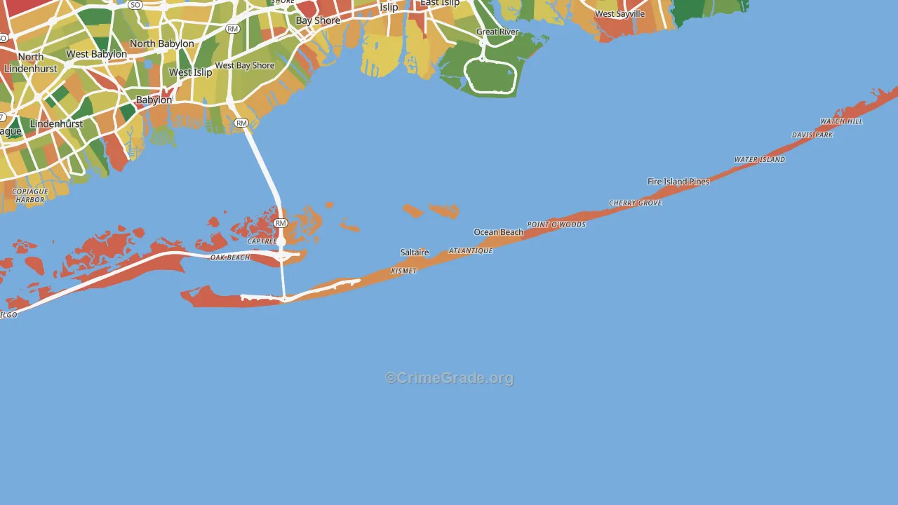 Fire Island, NY Map of Burglary Rates