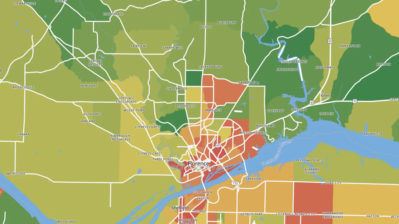 Florence, AL Map of Burglary Rates