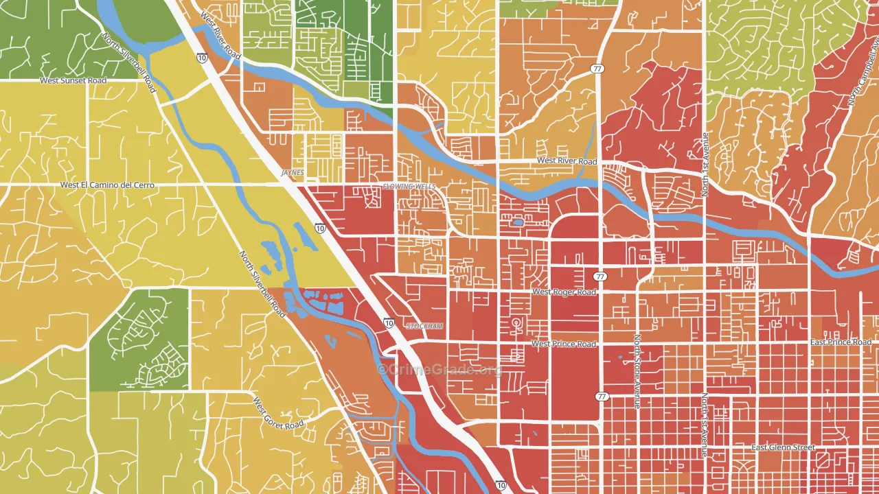 Flowing Wells, AZ Map of Burglary Rates