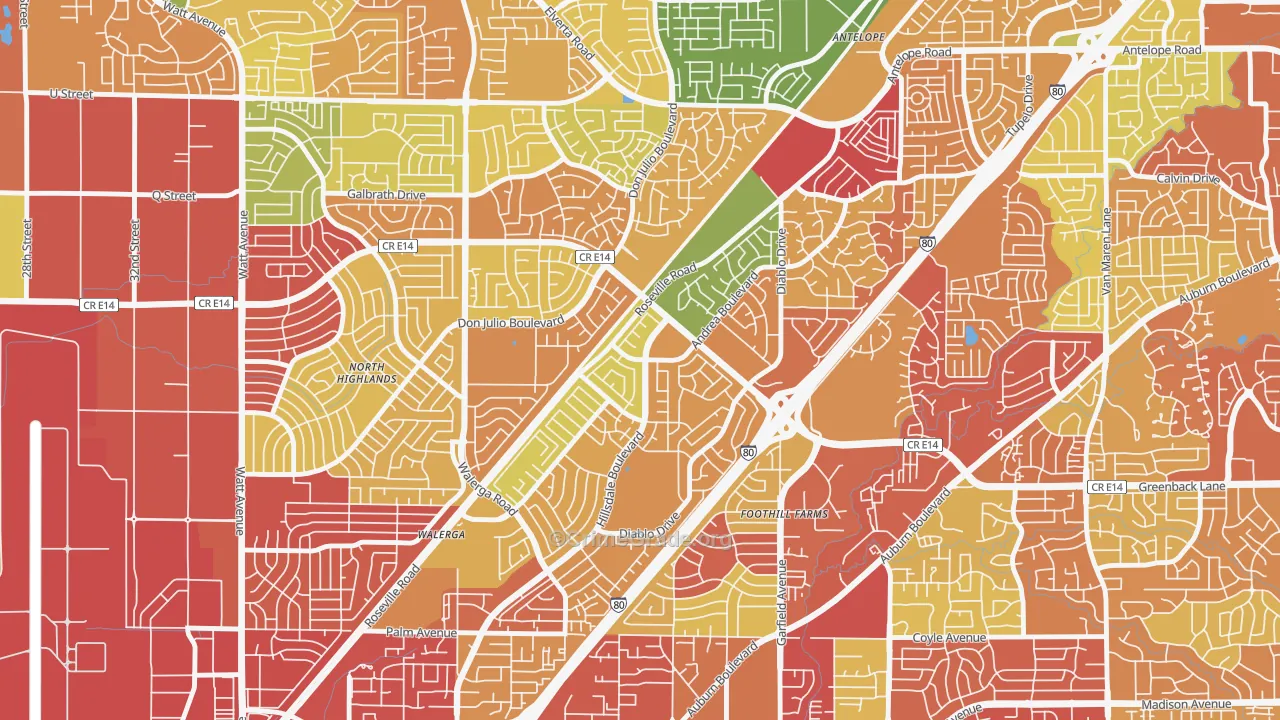 Foothill Farms, CA Map of Burglary Rates