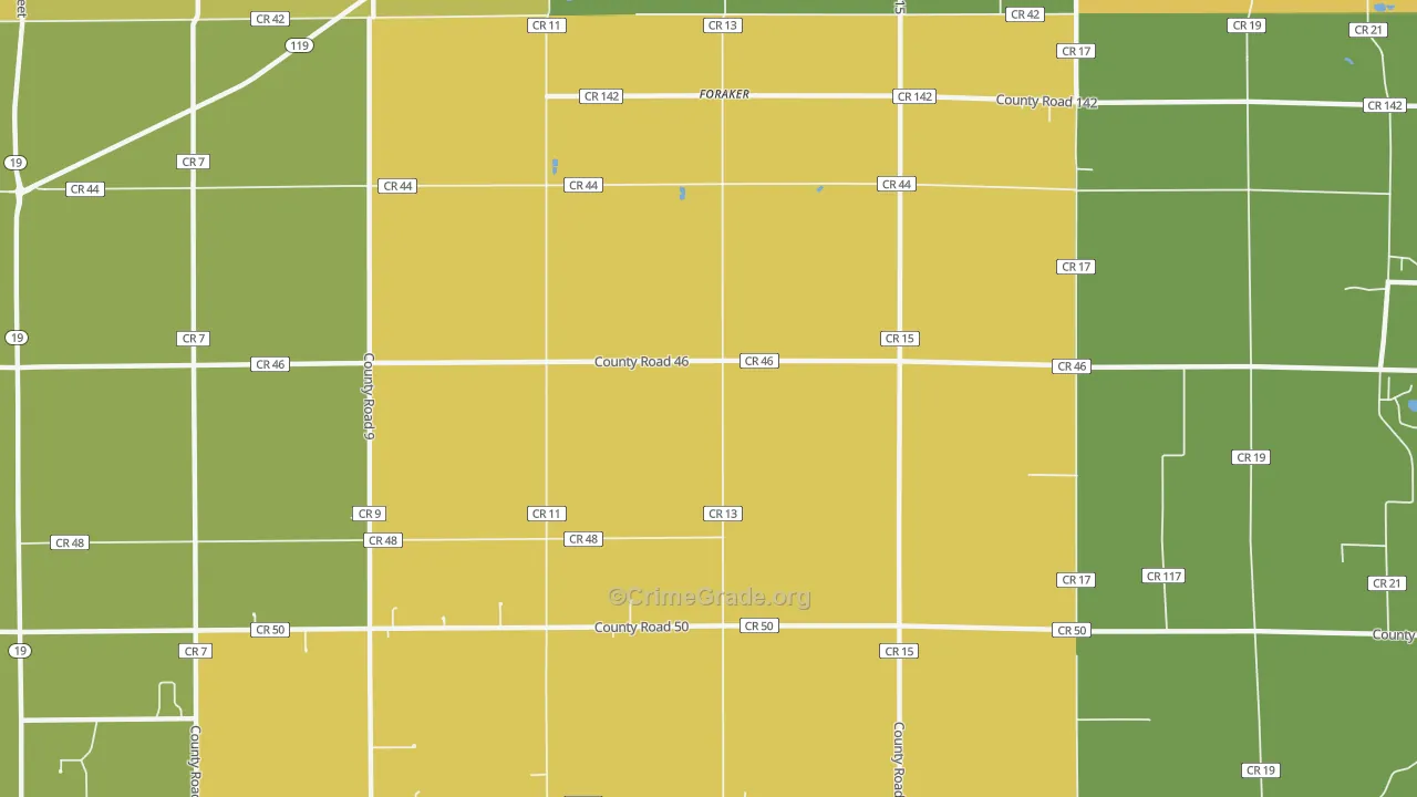 Foraker, IN Map of Burglary Rates