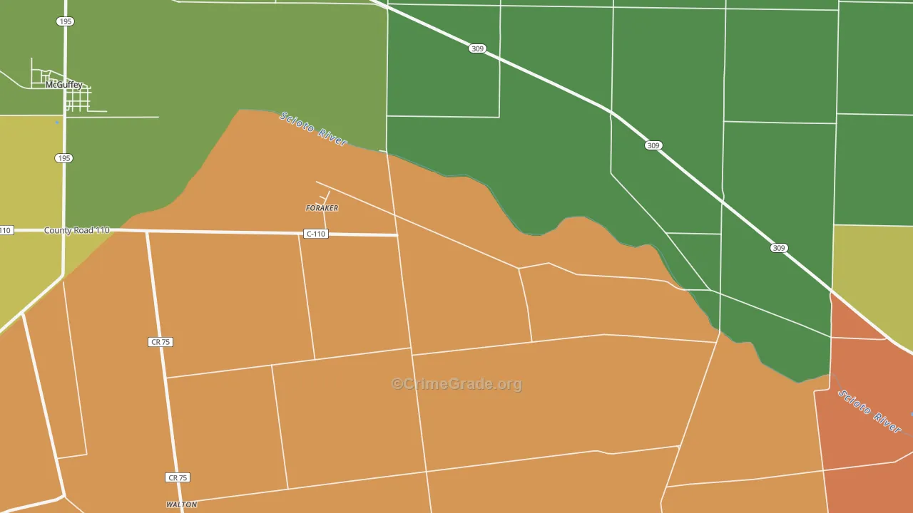 Foraker, OH Map of Burglary Rates