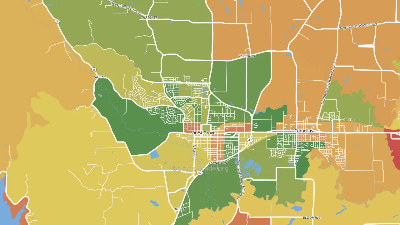 Forest Grove, OR Map of Burglary Rates