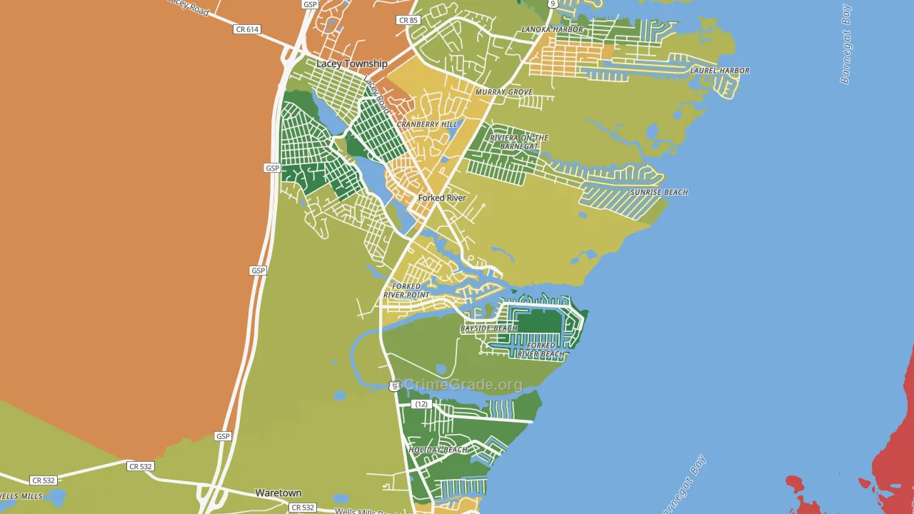 Forked River Beach, NJ Map of Burglary Rates