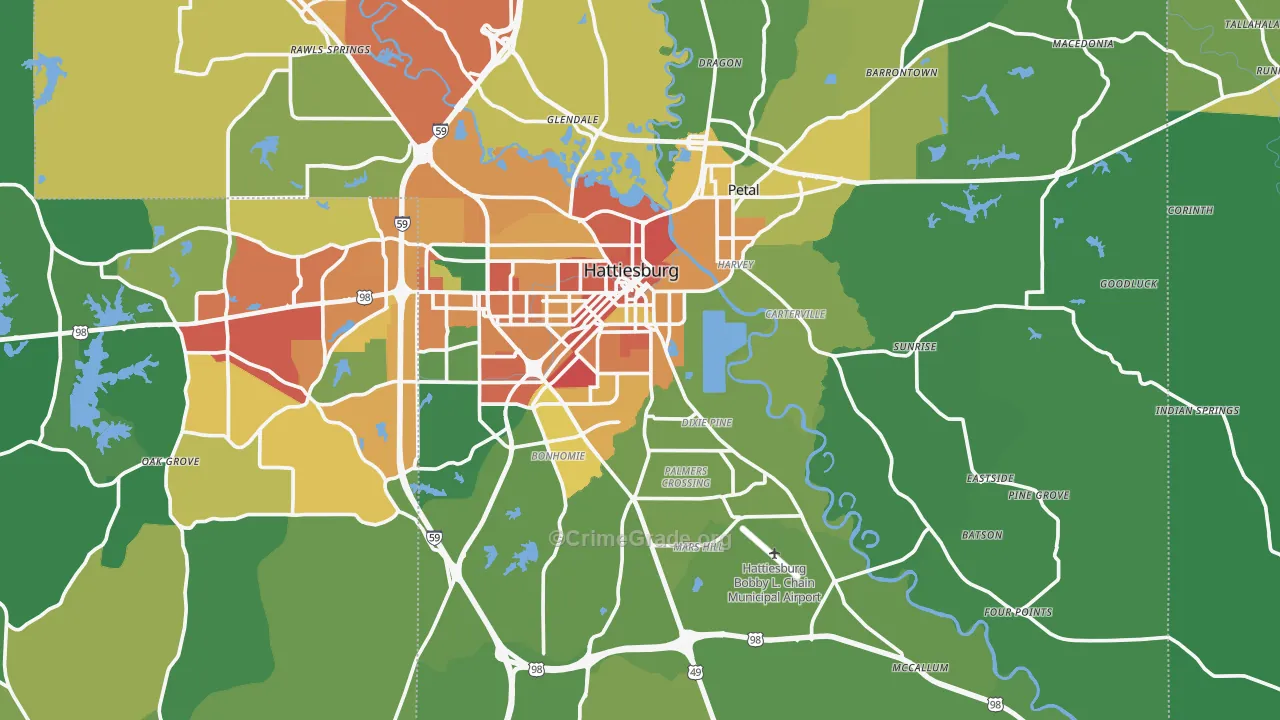 Forrest County, MS Map of Burglary Rates