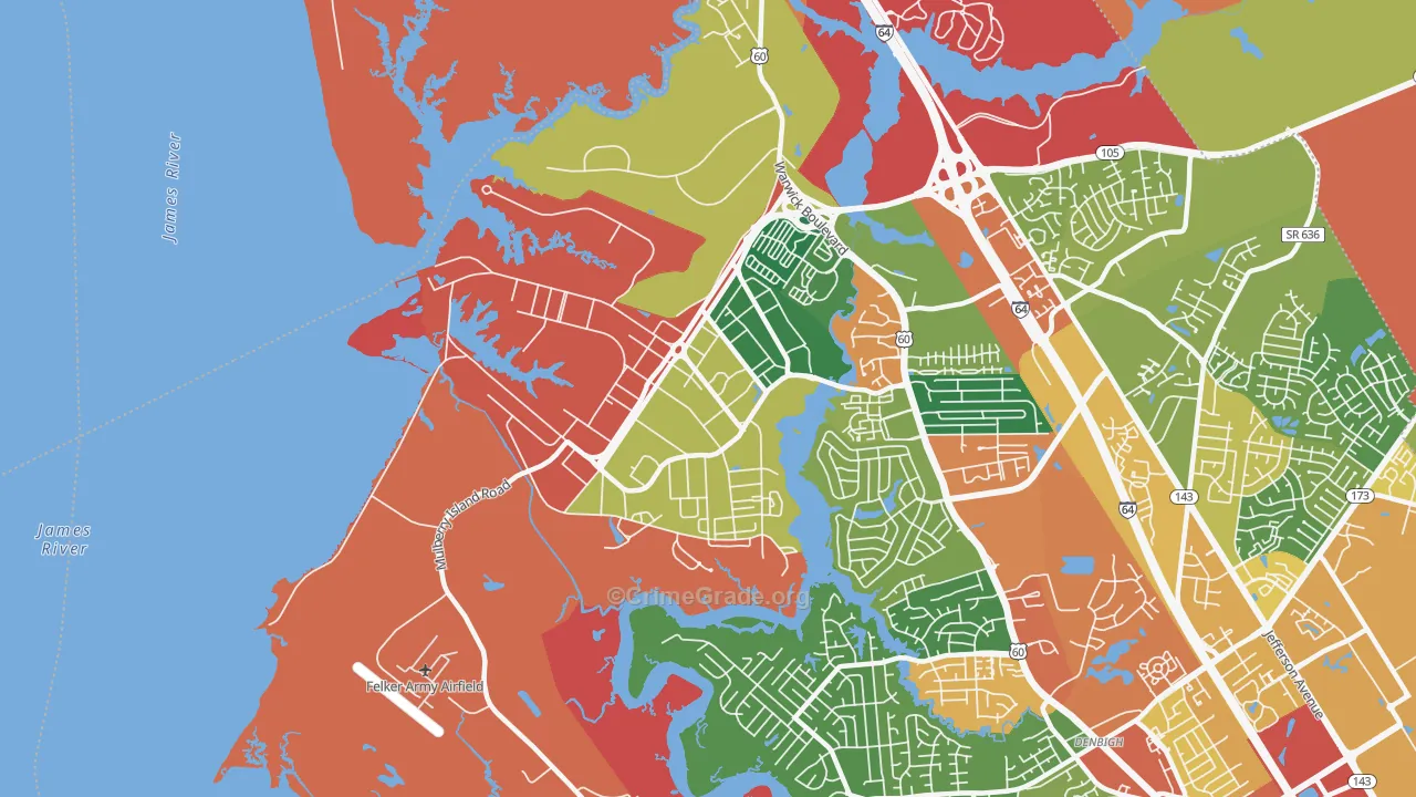 Fort Eustis, VA Map of Burglary Rates