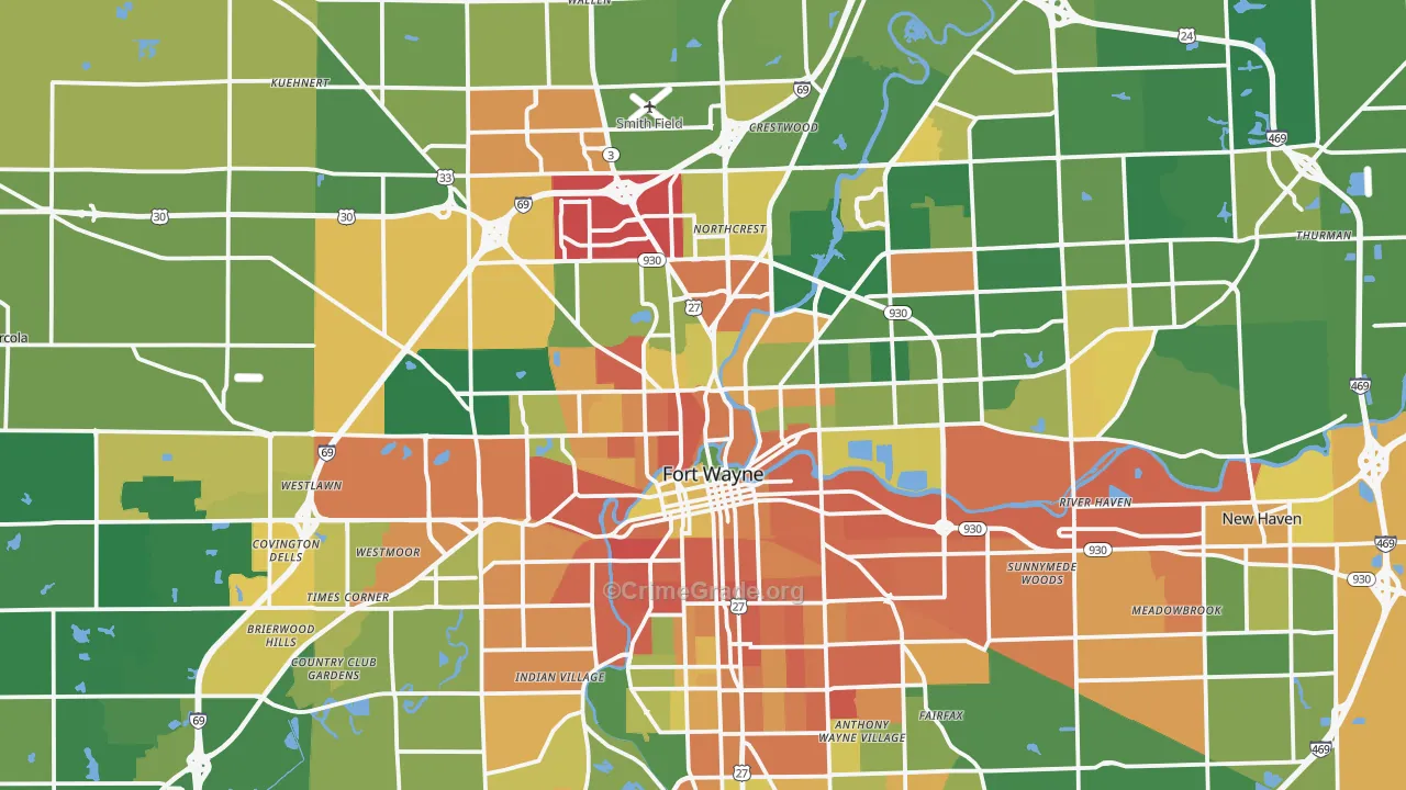 Fort Wayne, IN Map of Burglary Rates