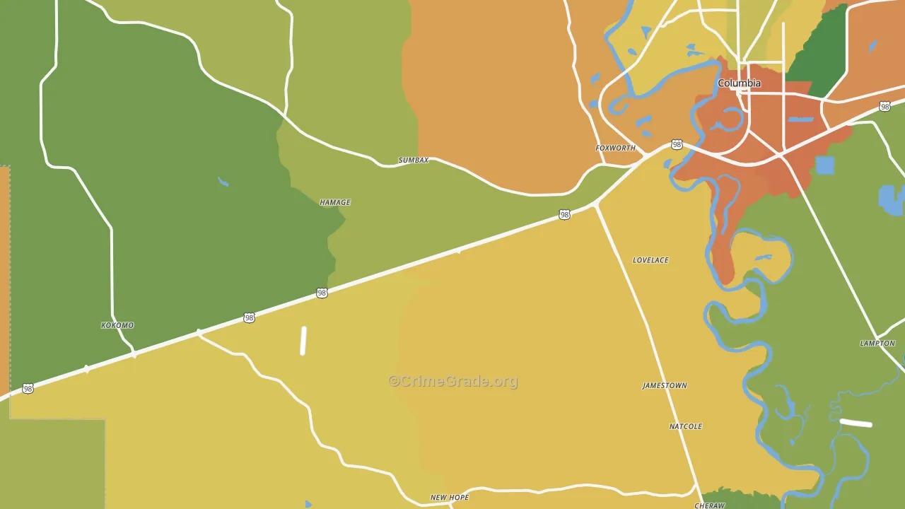 Foxworth, MS Map of Burglary Rates