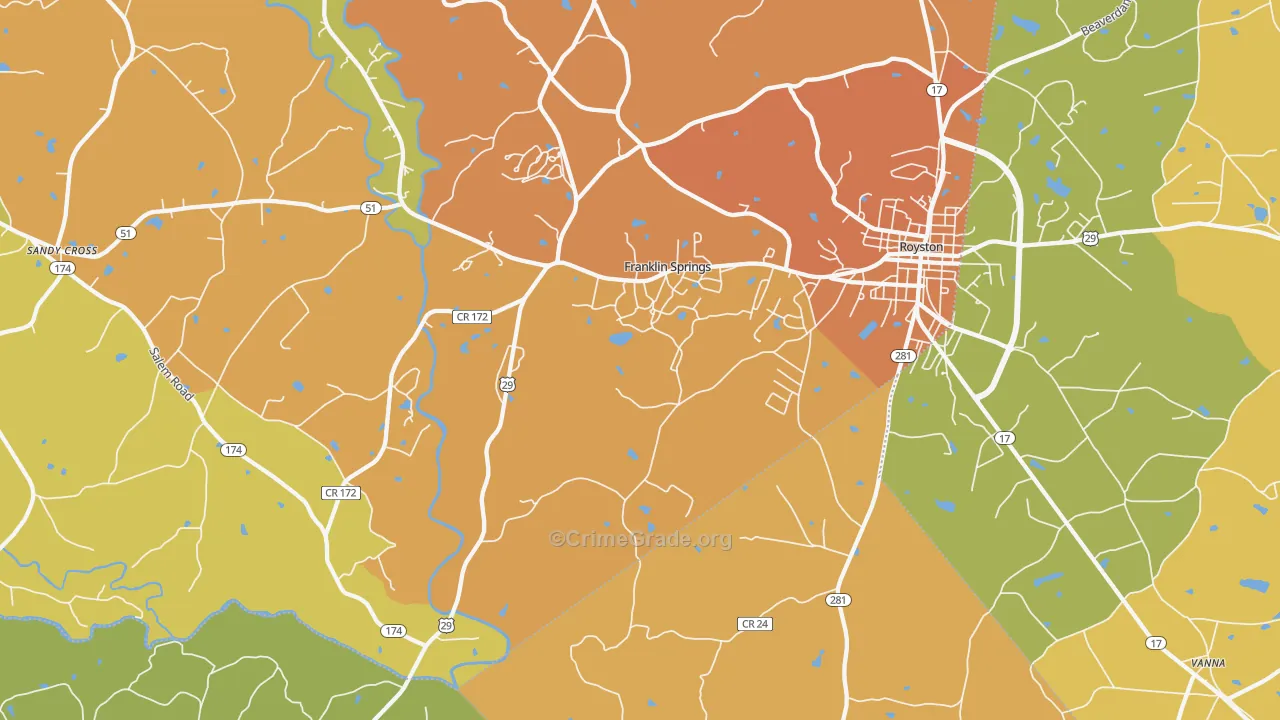 Franklin Springs, GA Map of Burglary Rates
