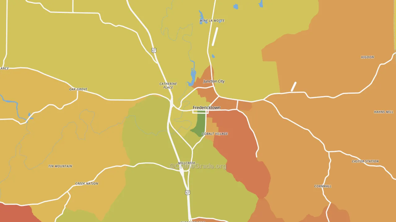Fredericktown, MO Map of Burglary Rates