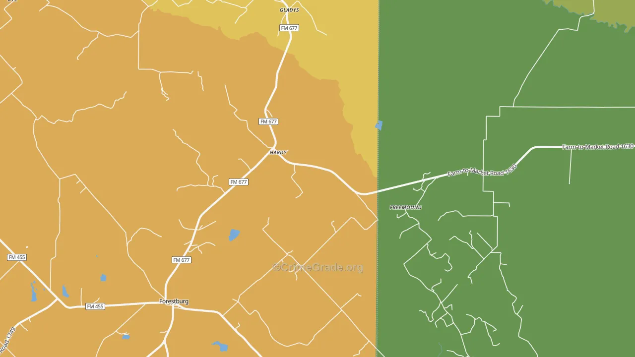 Freemound, TX Map of Burglary Rates