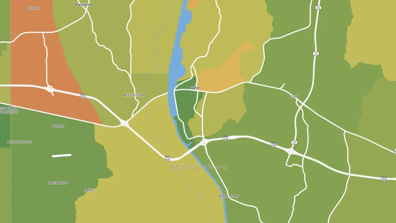 Fulton, MS Map of Burglary Rates