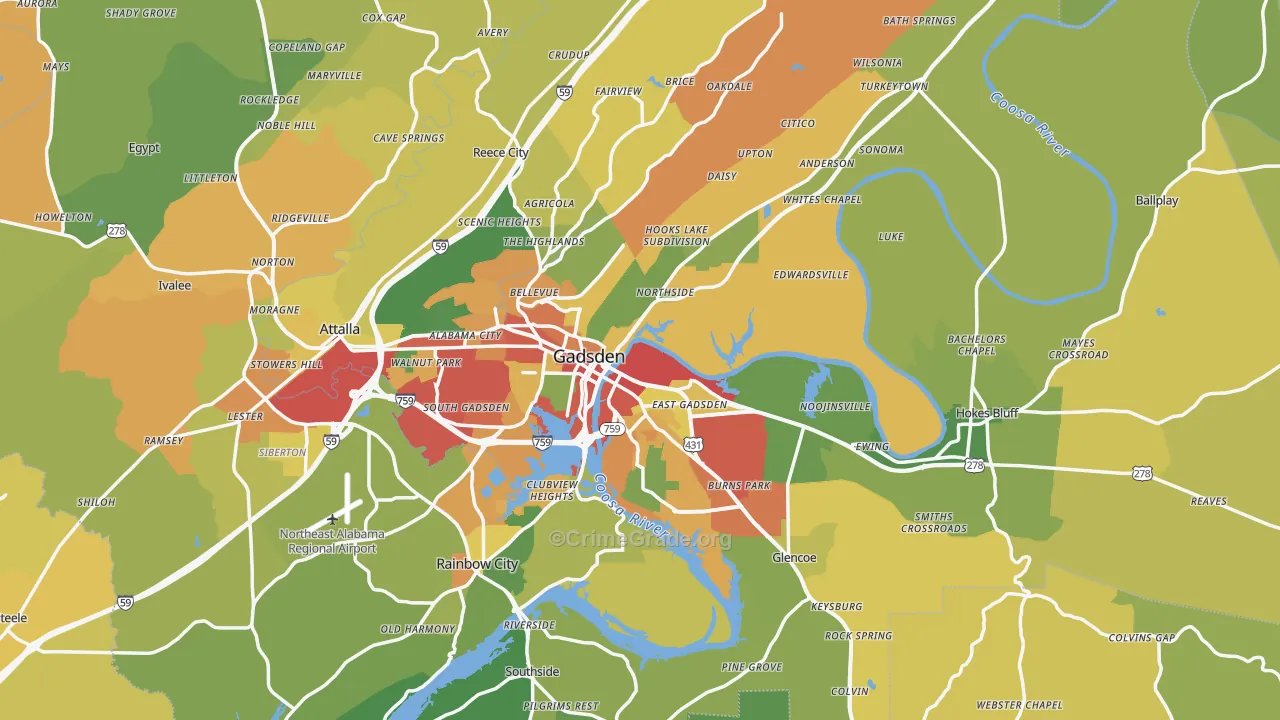Gadsden, AL Map of Burglary Rates