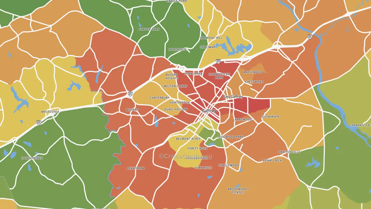 Gaffney, SC Map of Burglary Rates