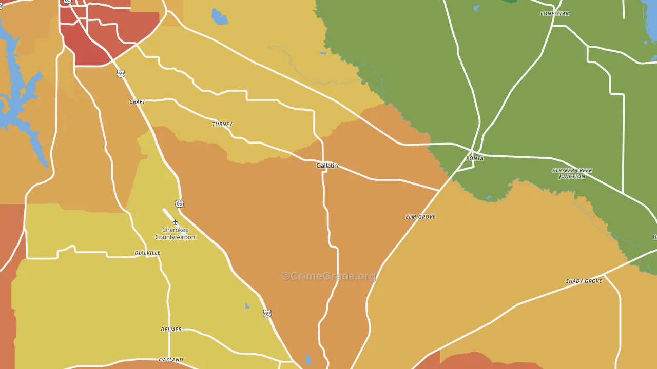 Gallatin, TX Map of Burglary Rates