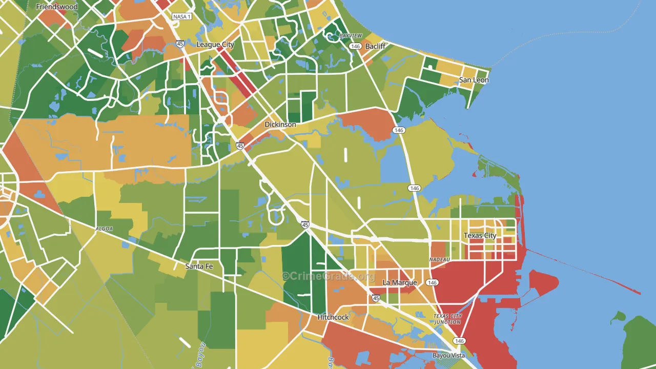 Galveston County, TX Map of Burglary Rates