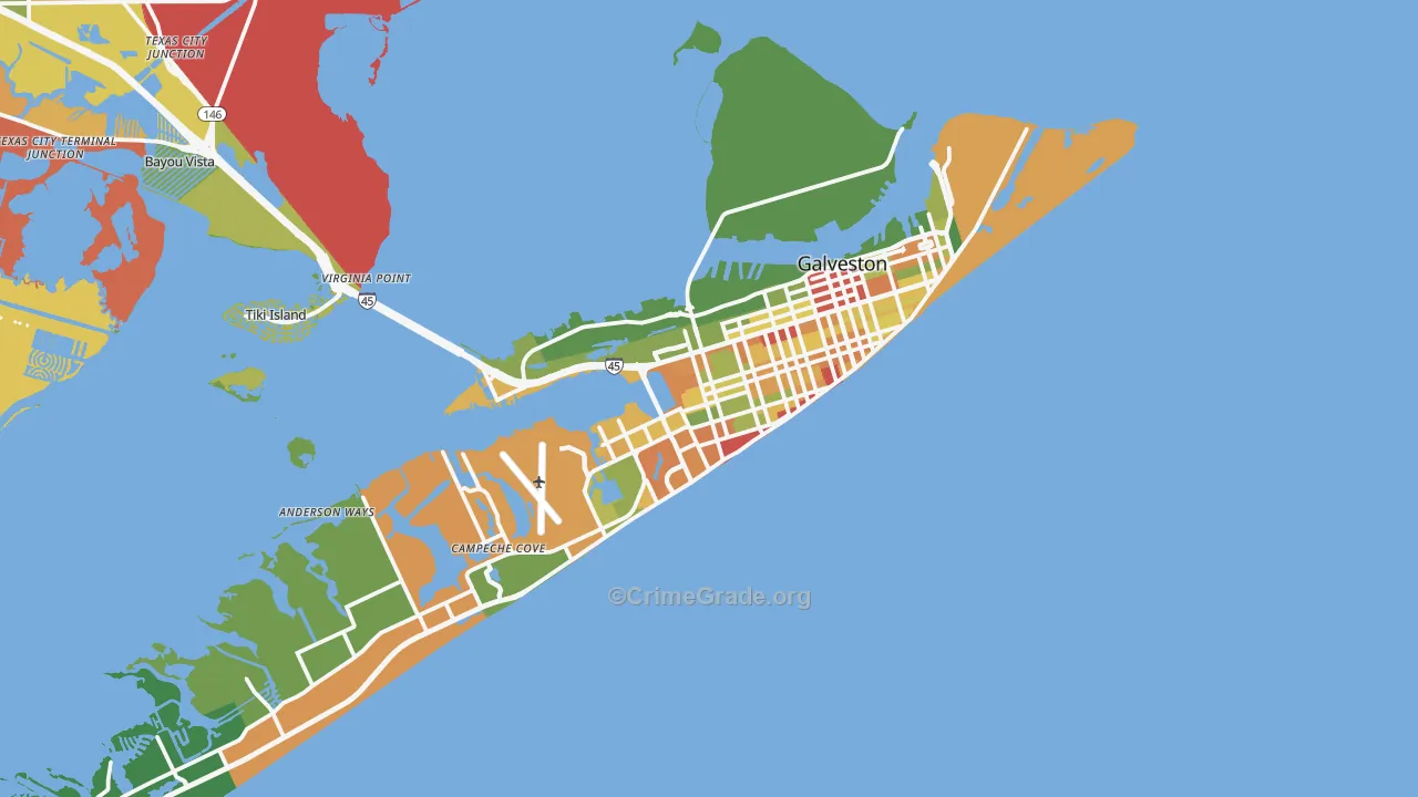 Galveston, TX Map of Burglary Rates
