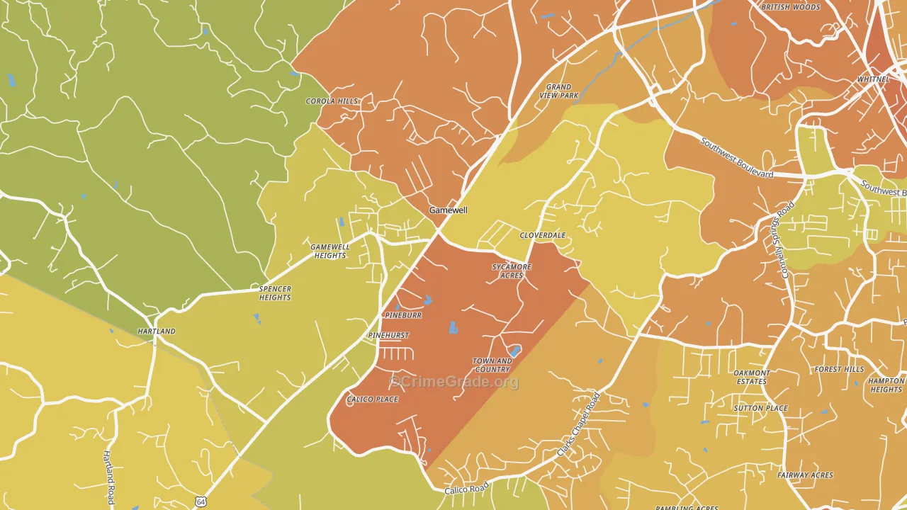 Gamewell, NC Map of Burglary Rates
