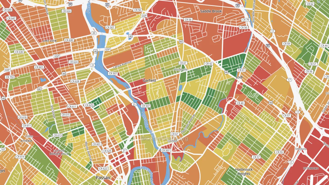 Garfield, NJ Map of Burglary Rates