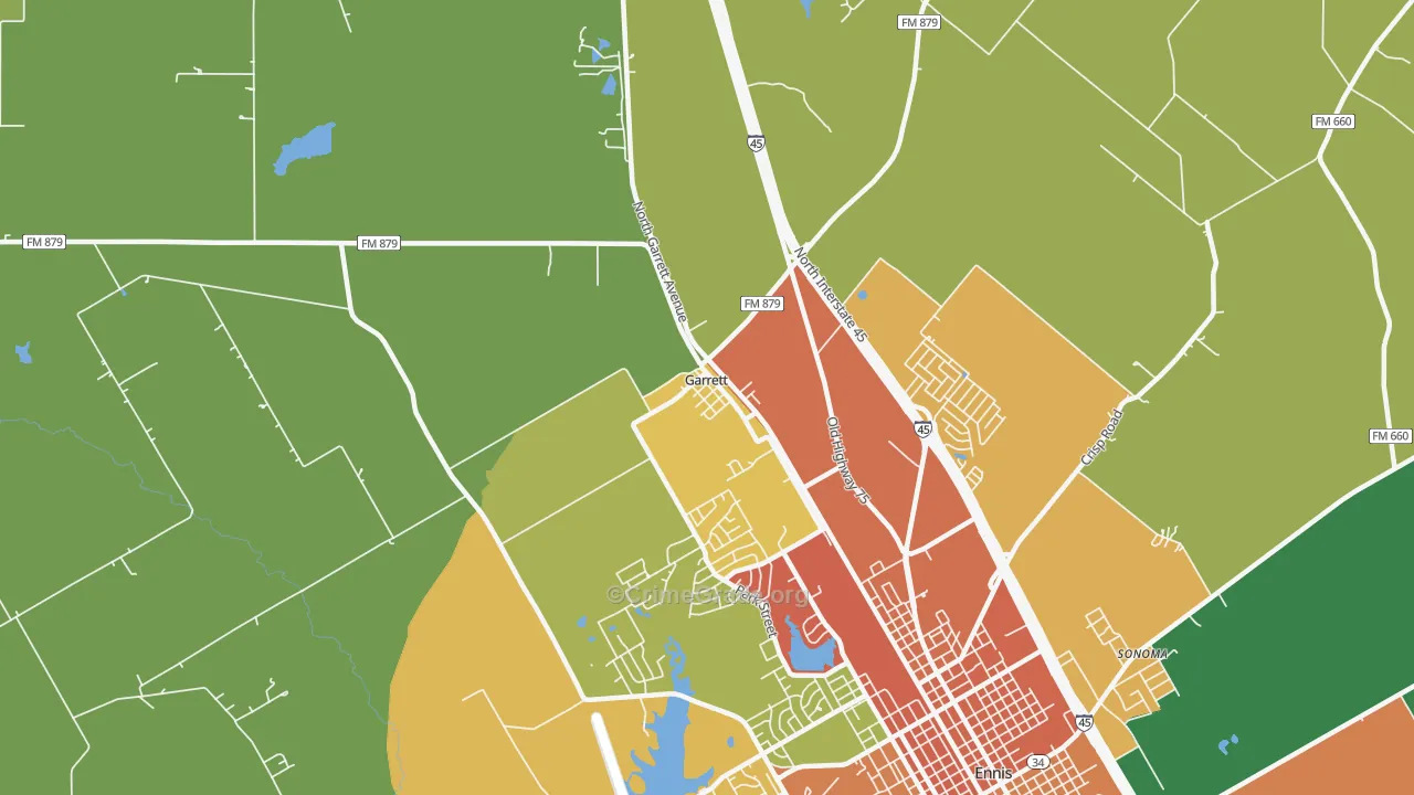 Garrett, TX Map of Burglary Rates