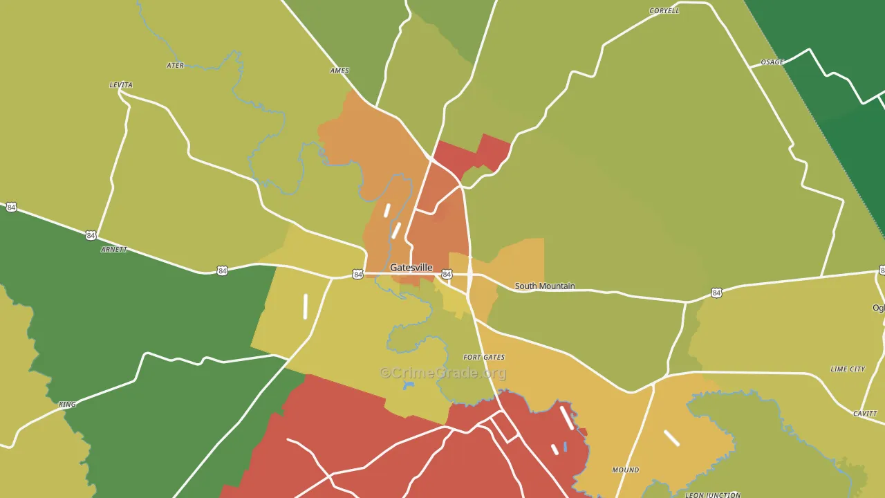 Gatesville, TX Map of Burglary Rates