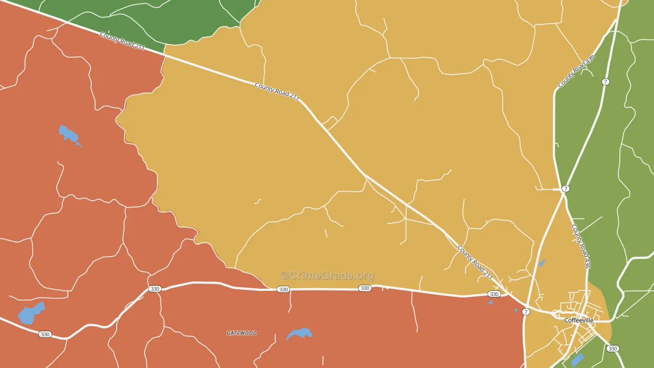 Gatewood, MS Map of Burglary Rates