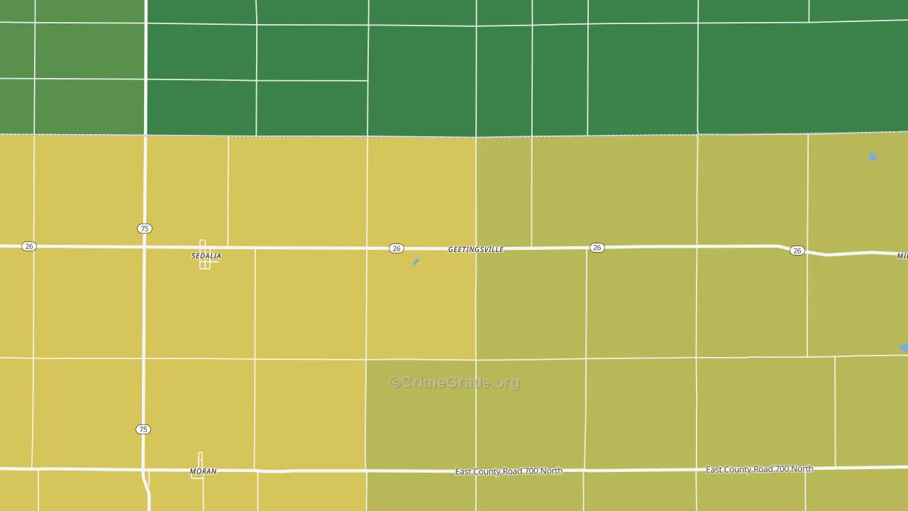 Geetingsville, IN Map of Burglary Rates