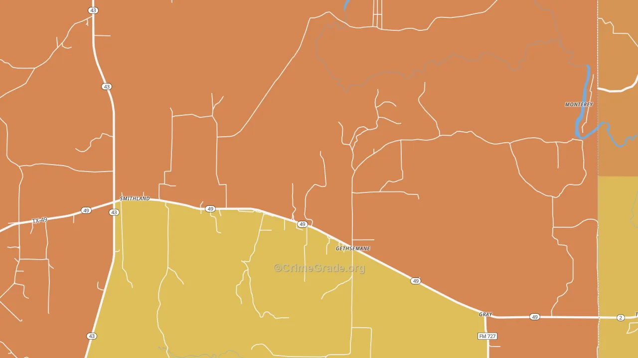 Gethsemane, TX Map of Burglary Rates