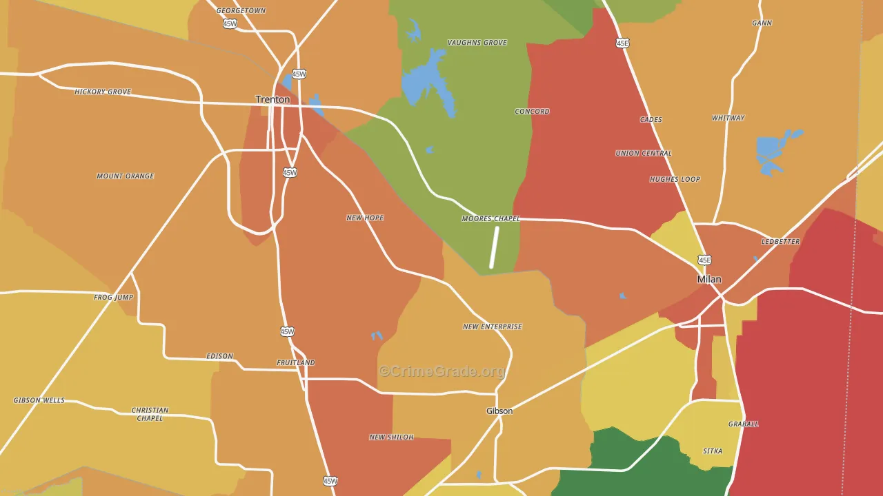 Gibson County, TN Map of Burglary Rates