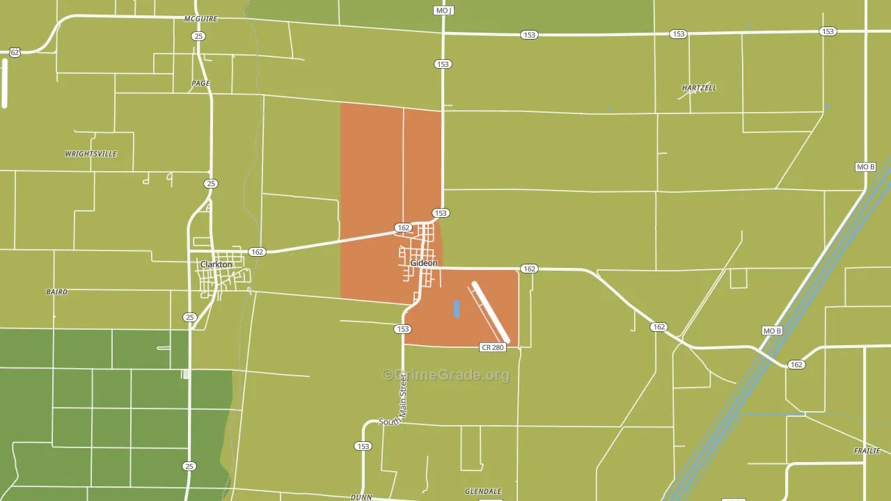 Gideon, MO Map of Burglary Rates