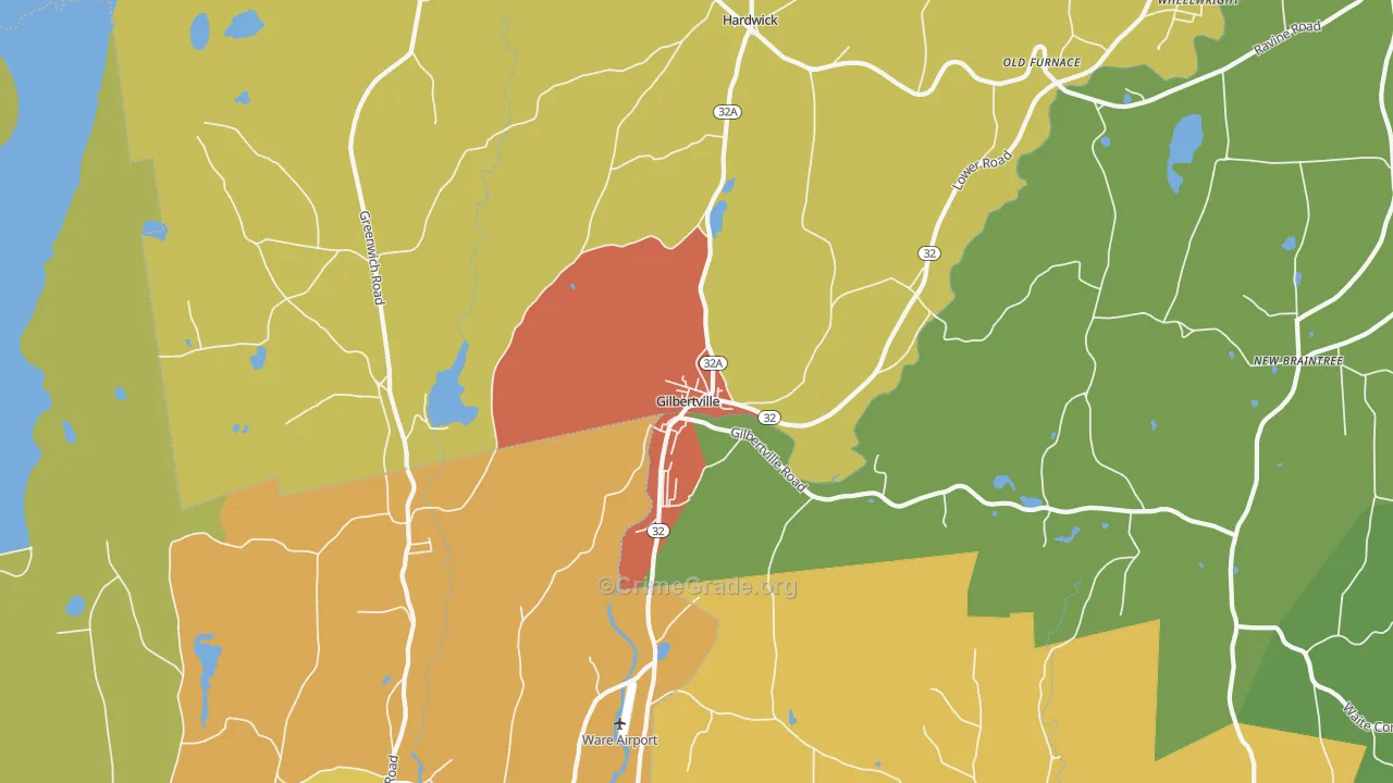 Gilbertville, MA Map of Burglary Rates