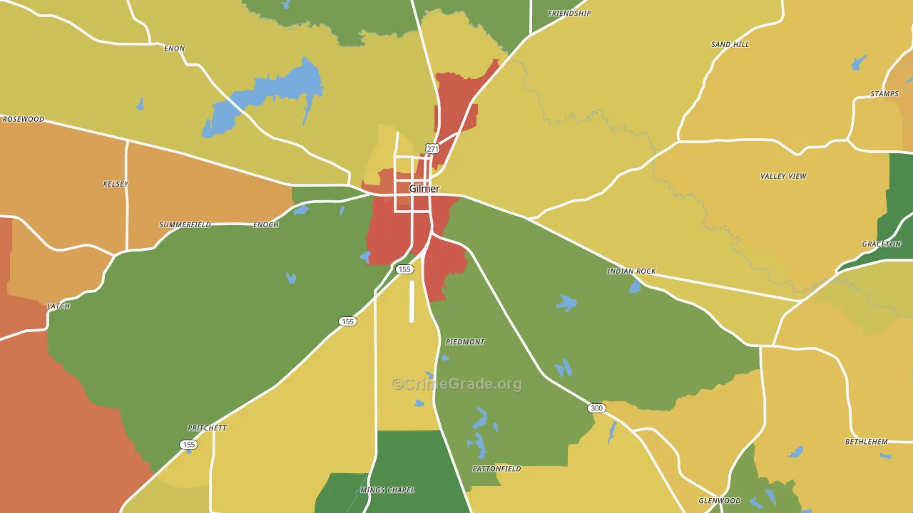 Gilmer, TX Map of Burglary Rates