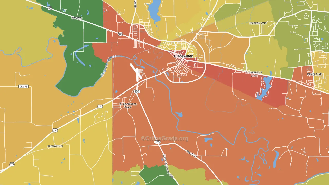Gladewater, TX Map of Burglary Rates