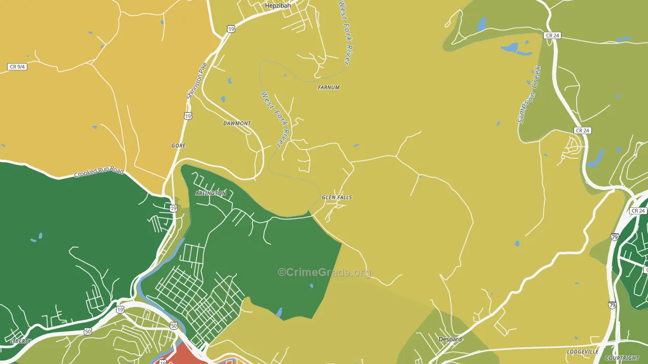 Glen Falls, WV Map of Burglary Rates