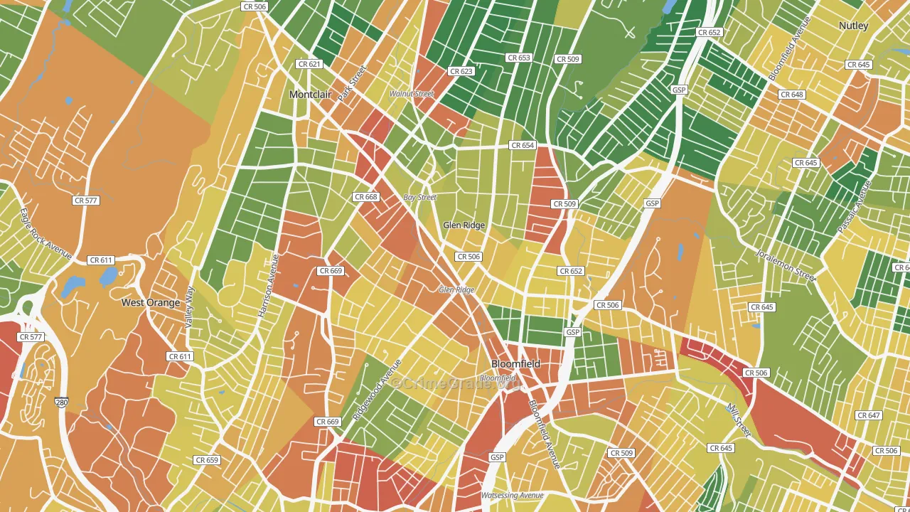 Glen Ridge, NJ Map of Burglary Rates