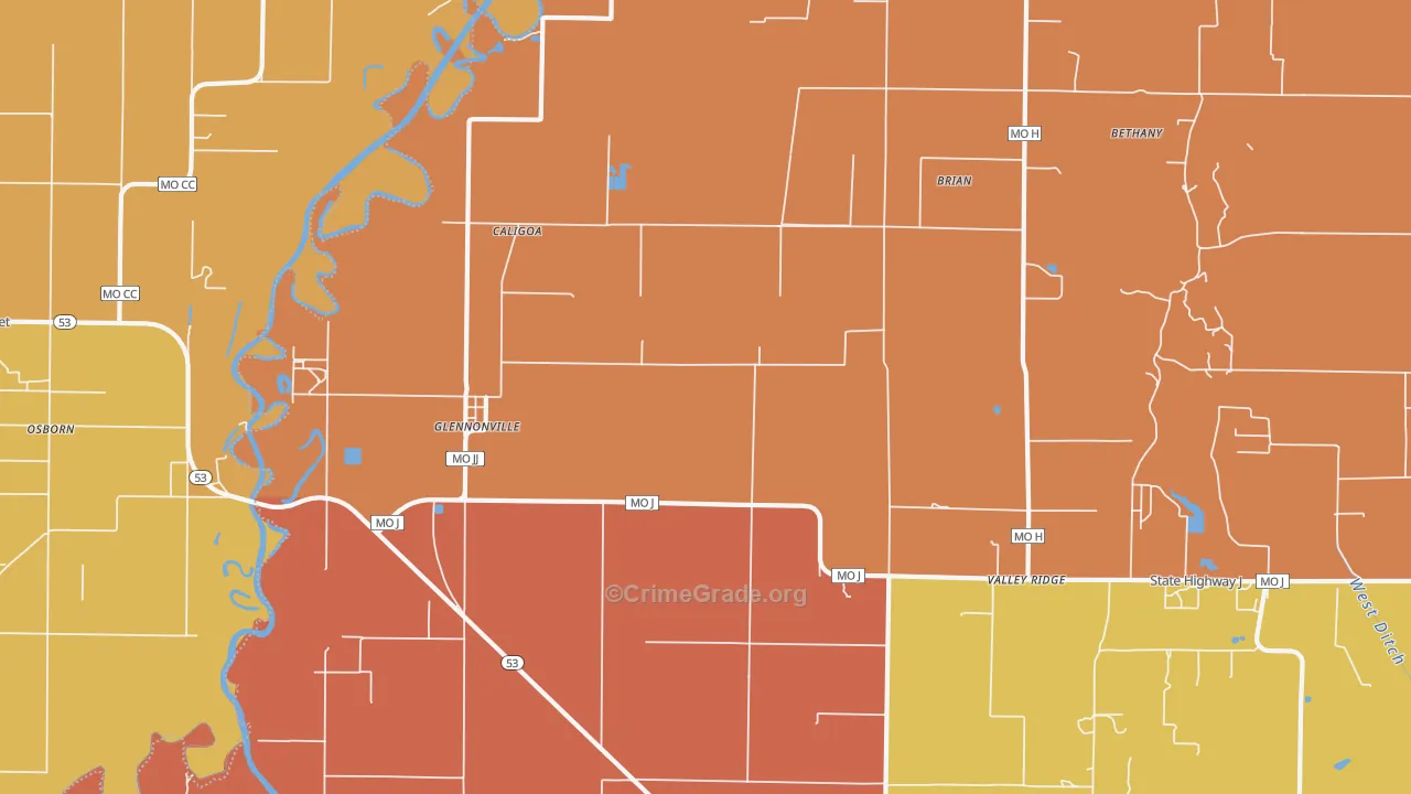 Glennonville, MO Map of Burglary Rates