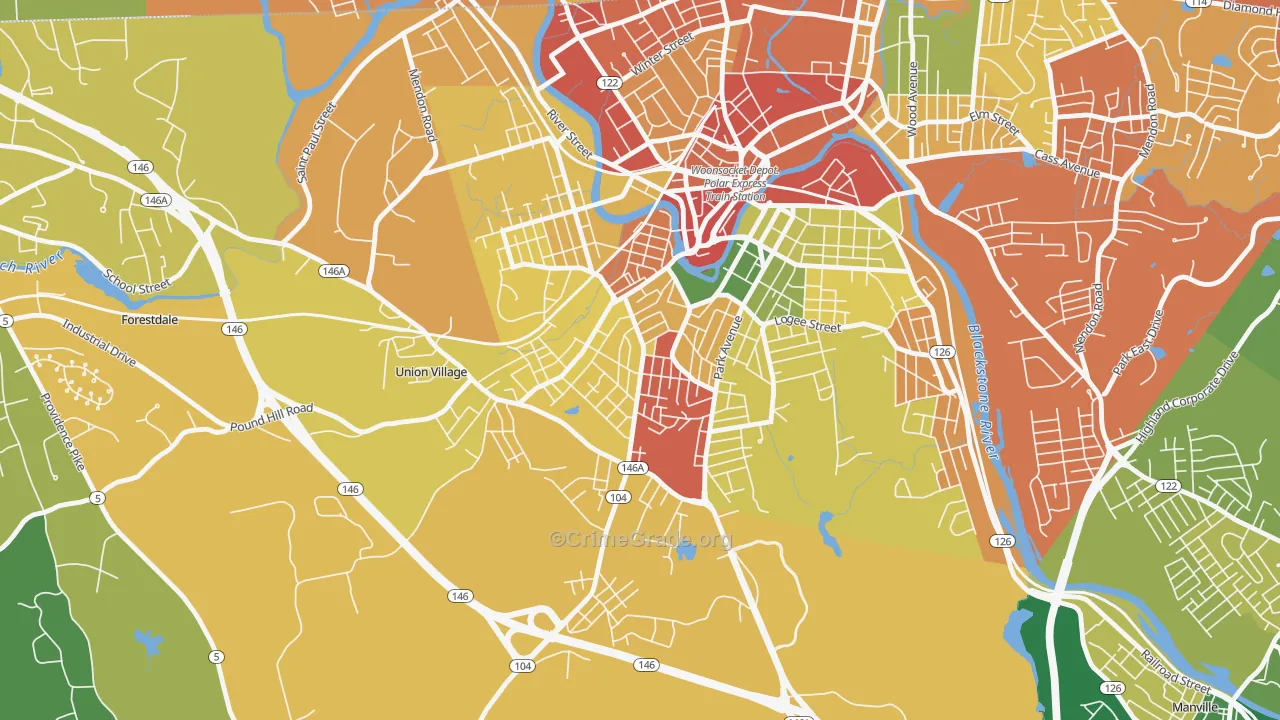 Globe, Woonsocket, RI Map of Burglary Rates