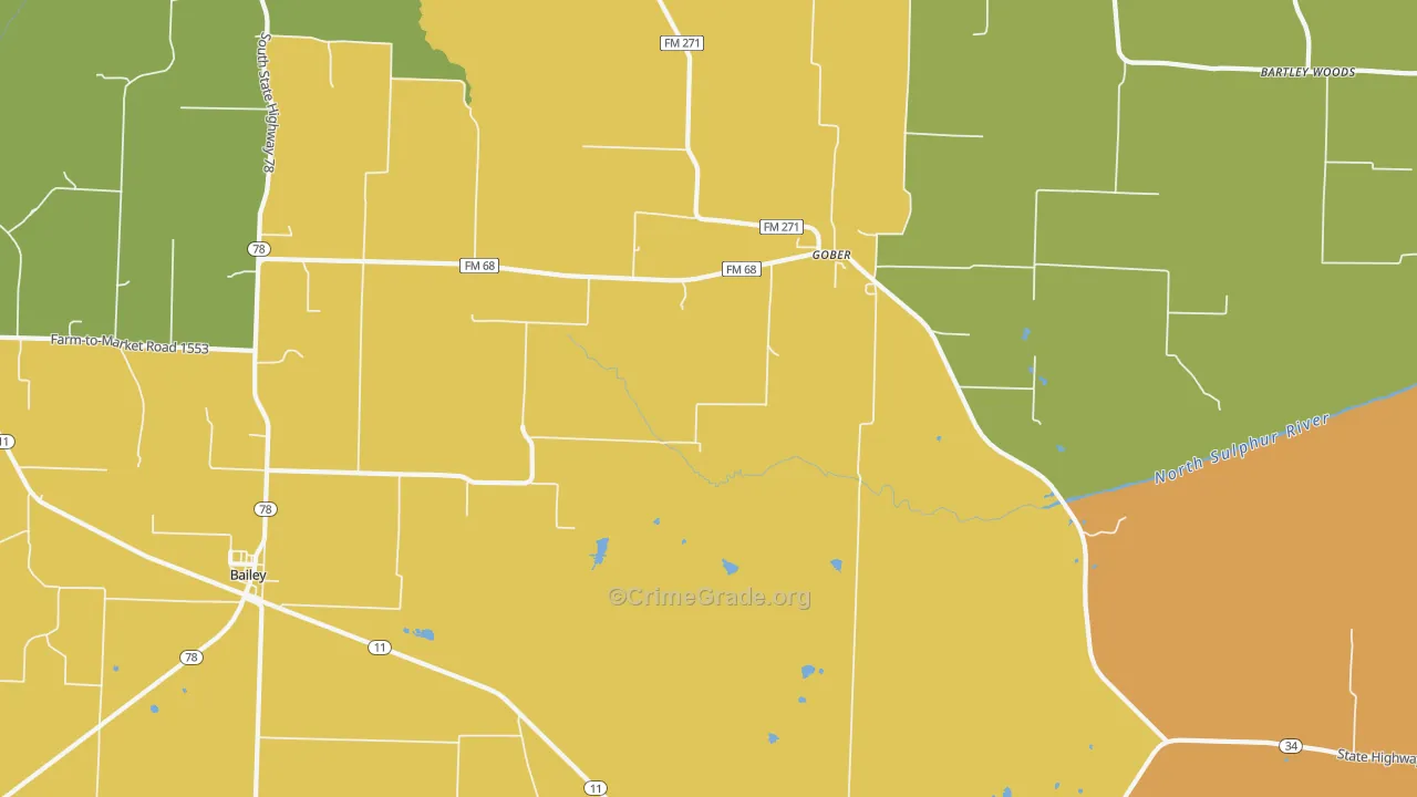 Gober, TX Map of Burglary Rates