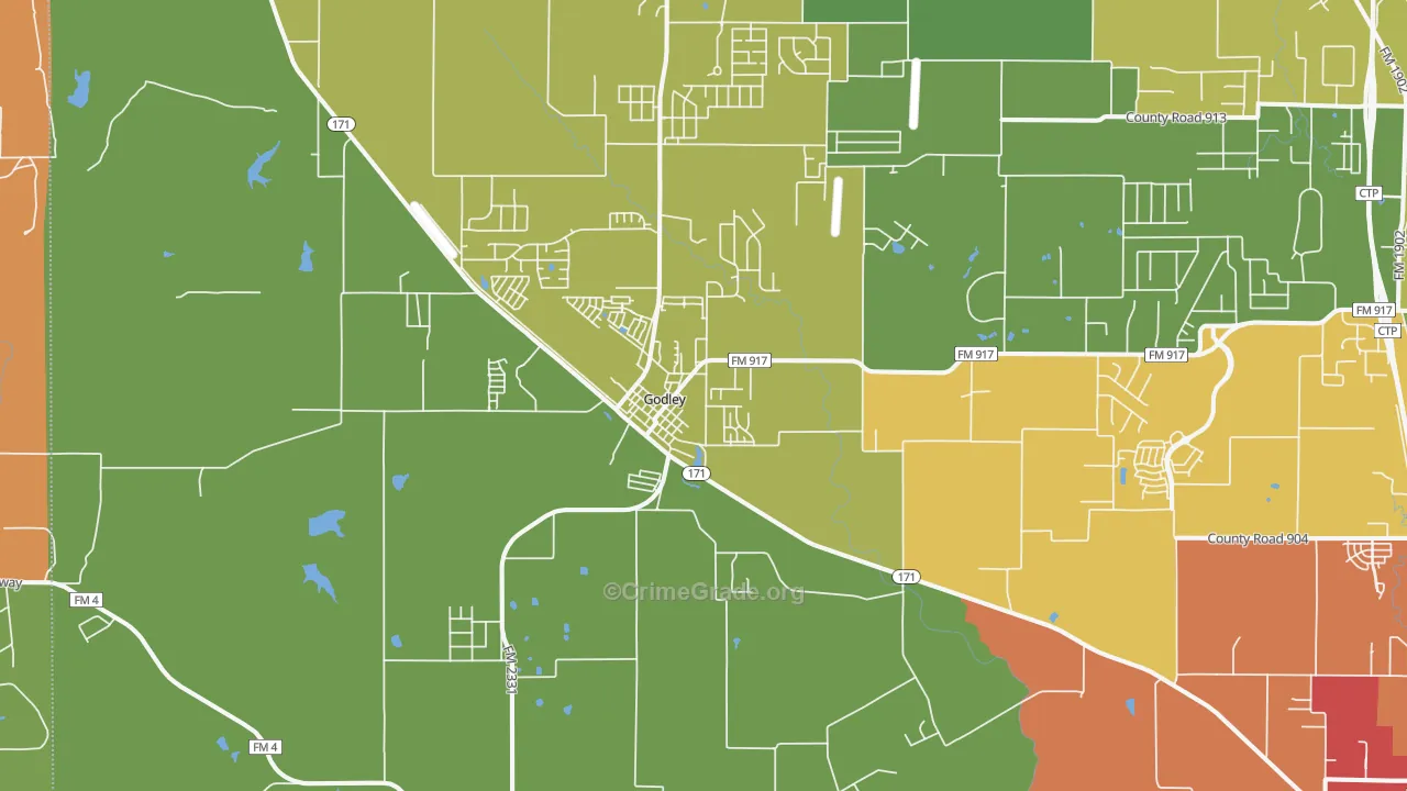 Godley, TX Map of Burglary Rates